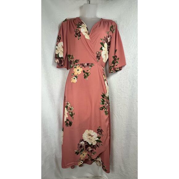 NEW Peppermint Brand Dusty Rose Floral Chiffon Wrap Dress Sz LG Summer Easter - Picture 3 of 11
